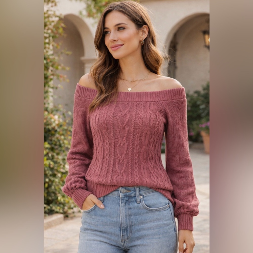 💓 Mauve Pink Off-Shoulder / Cable Knit Sweater - size M